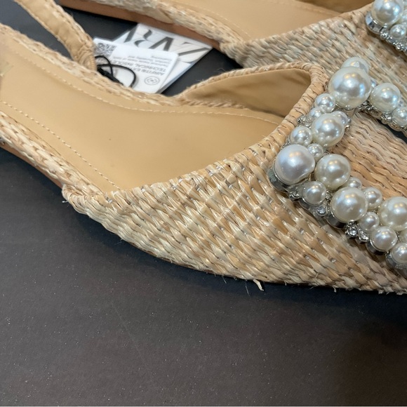 ZARA NWT beige raffia flats with pearl and rhinestone detail 2531/910 size 5 - Picture 6 of 12